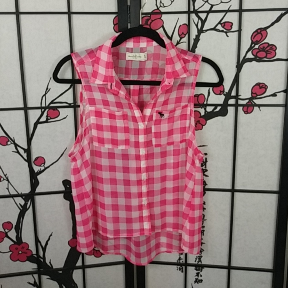 Abercrombie & Fitch Pink White Checked Button Down Shirt Blouse Sleeveless XS